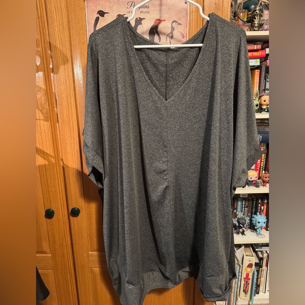 Gray V-Neck Oversized Top